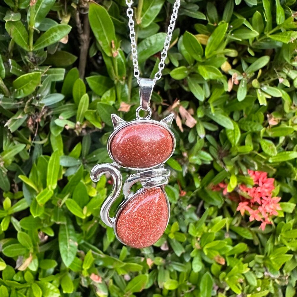 NEW Large Goldstone Cat Necklace Goldstone Cat Pendant w Silver Plated chain